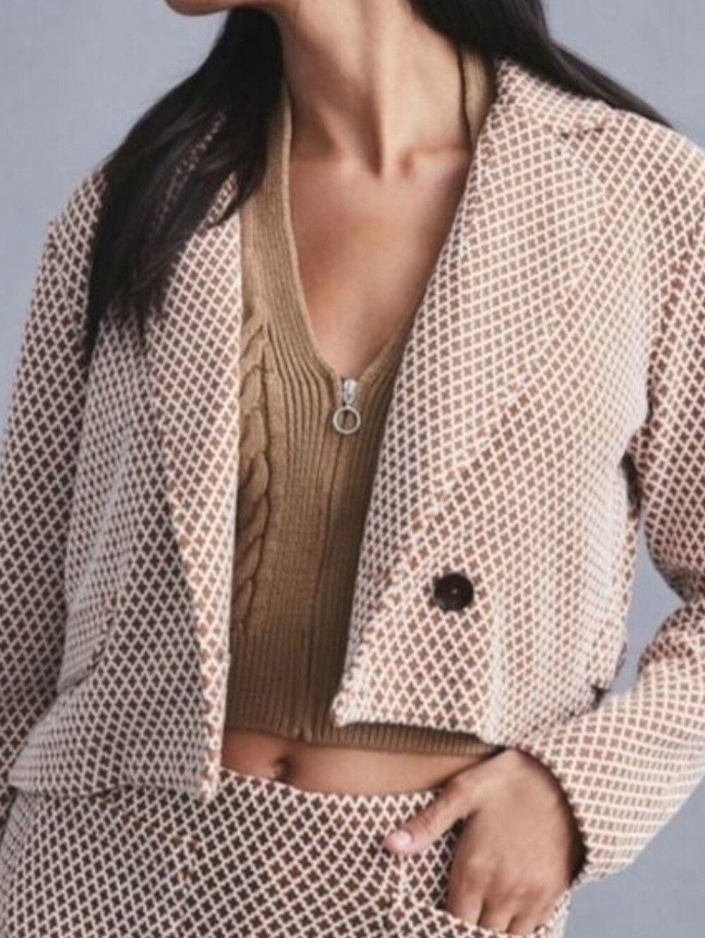 Maeve by Anthropologie XL Brown & Ivory Geo Print Knit Blazer